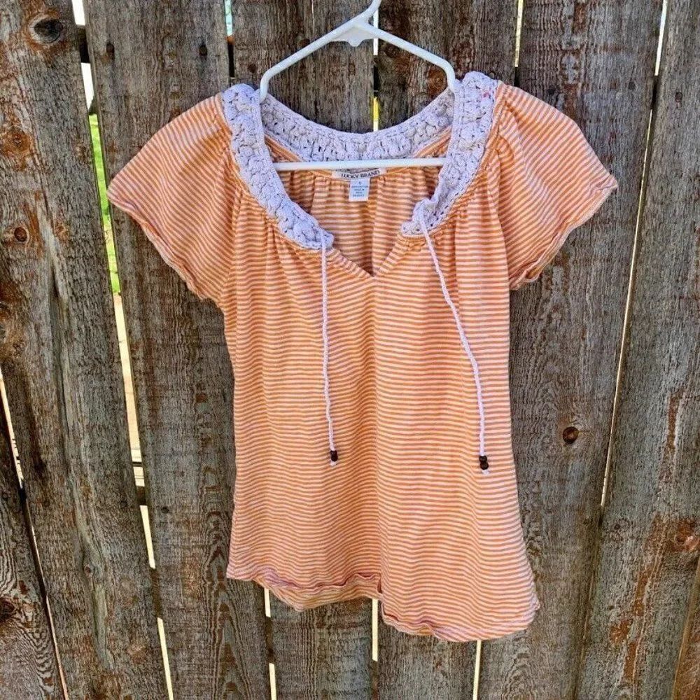 Lucky Brand blouse striped short sleeve crochet